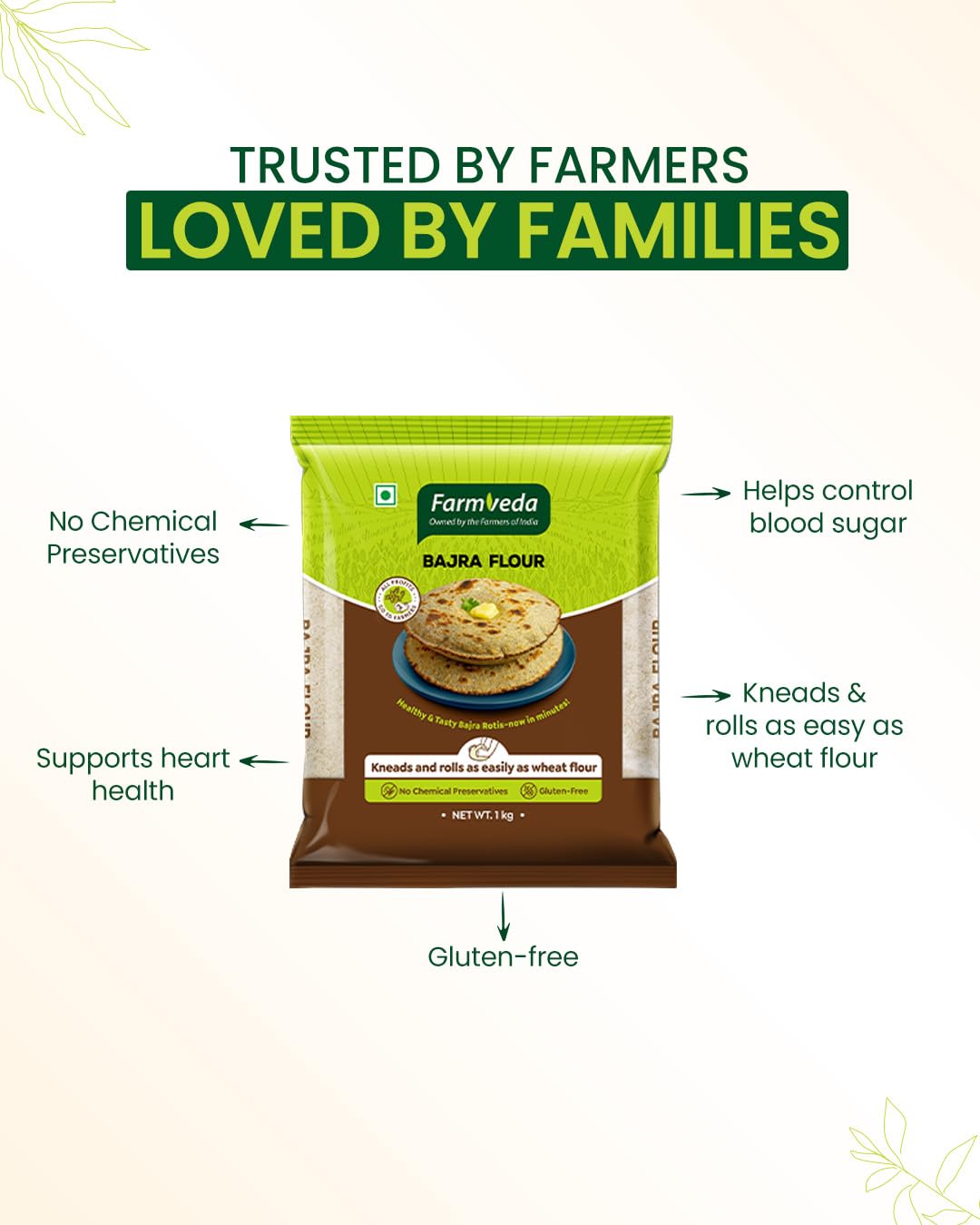 Farm Veda Bajra Flour - 1kg | 100% Natural Pearl Millet Atta | Gluten Free, Stone Ground, High Fibre | No Maida, No Preservatives | Healthy Multigrain Flour for Roti, Chapati & Indian Recipes - Image 3 thumbnail