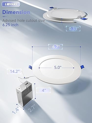 Miniatura 4 de LEDIARY Paquete de 24 lámparas de techo empotrables LED ultrafinas 5CCT de 6 pulgadas con caja de conexiones, 2700K-6000K seleccionables, 12 W Eqv