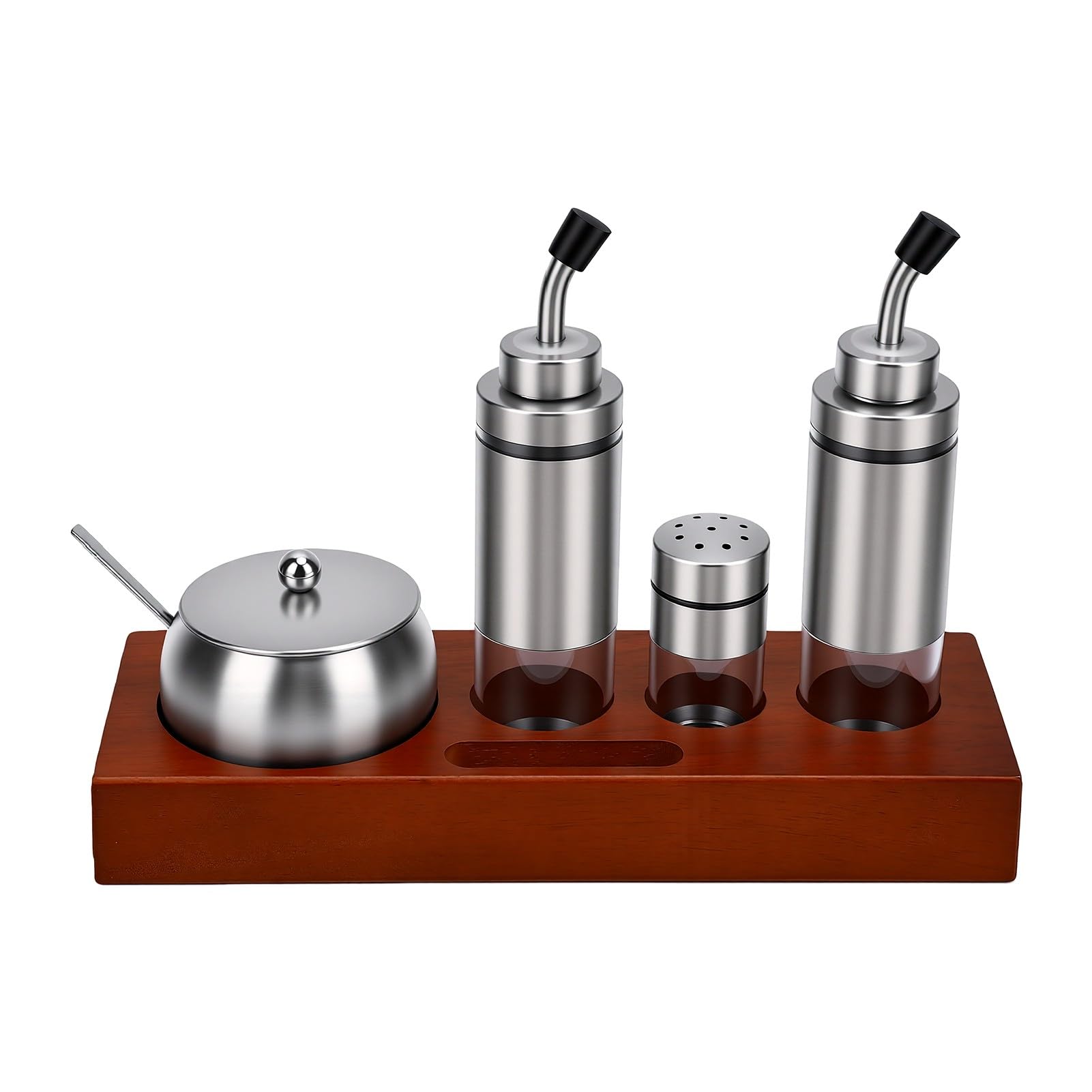 Tnfeeon Juego de Botellas de Condimento con Base de Madera de Roble, Juego de Dispensador de Condimentos de Acero Inoxidable 304, Almacenamiento Hermético de Aceite, Vinagre, Sal y Azúcar,