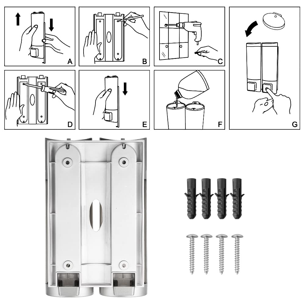 Decdeal 200mlx2 Dispenser di sapone manuale,Montaggio a parete Shampoo liquido doppio Dispenser doccia Detergente per mani Dispenser per lozione da bagno per bagno Hotel bagno