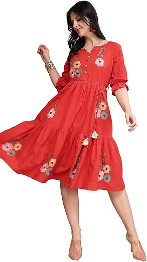 Stylum Women's Red Solid & Embroidered Cotton Tiered Dress