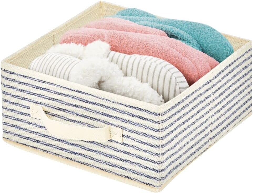 mDesign Soft Fabric Closet Organizer Box with Front Pull Handle for Shelves in Bedroom, Bathroom, Home Office - Holds Clothing, Linens, Accessories, Lido Collection, 4 Pack, Natural/Cobalt Blue Stripe