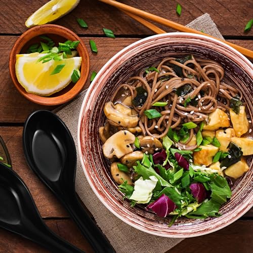 Hushee 100 Pcs Asian Soup Spoon Large Chinese Noodle Ramen Reusable Japanese Wonton Rice Dumpling Pho Spoon Bulk with Hook for Home Restaurant Kitchen (Black) by Hushee - Image 6