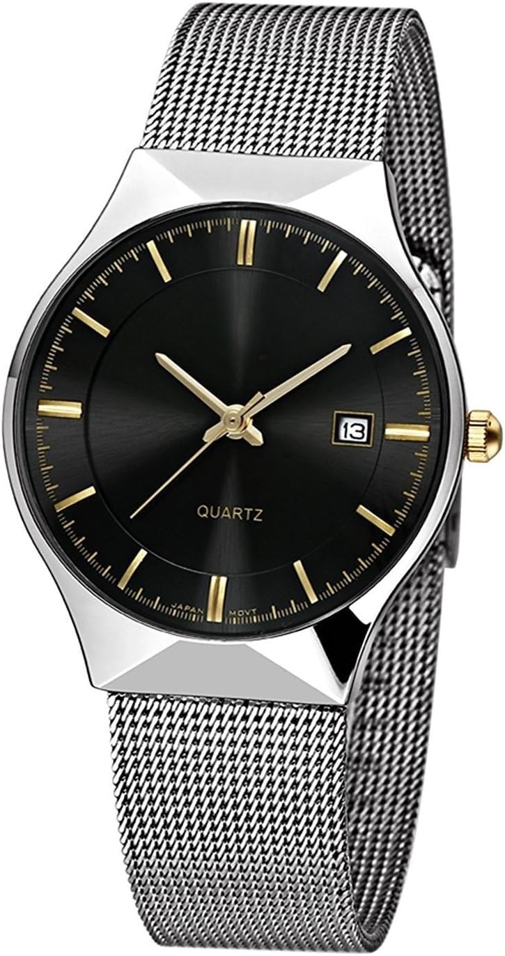 Herrenuhr, ultradünnes Edelstahl-Mesh-Band, modische Armbanduhr mit Datumsanzeige, wasserdicht, elegante Geschenkbox