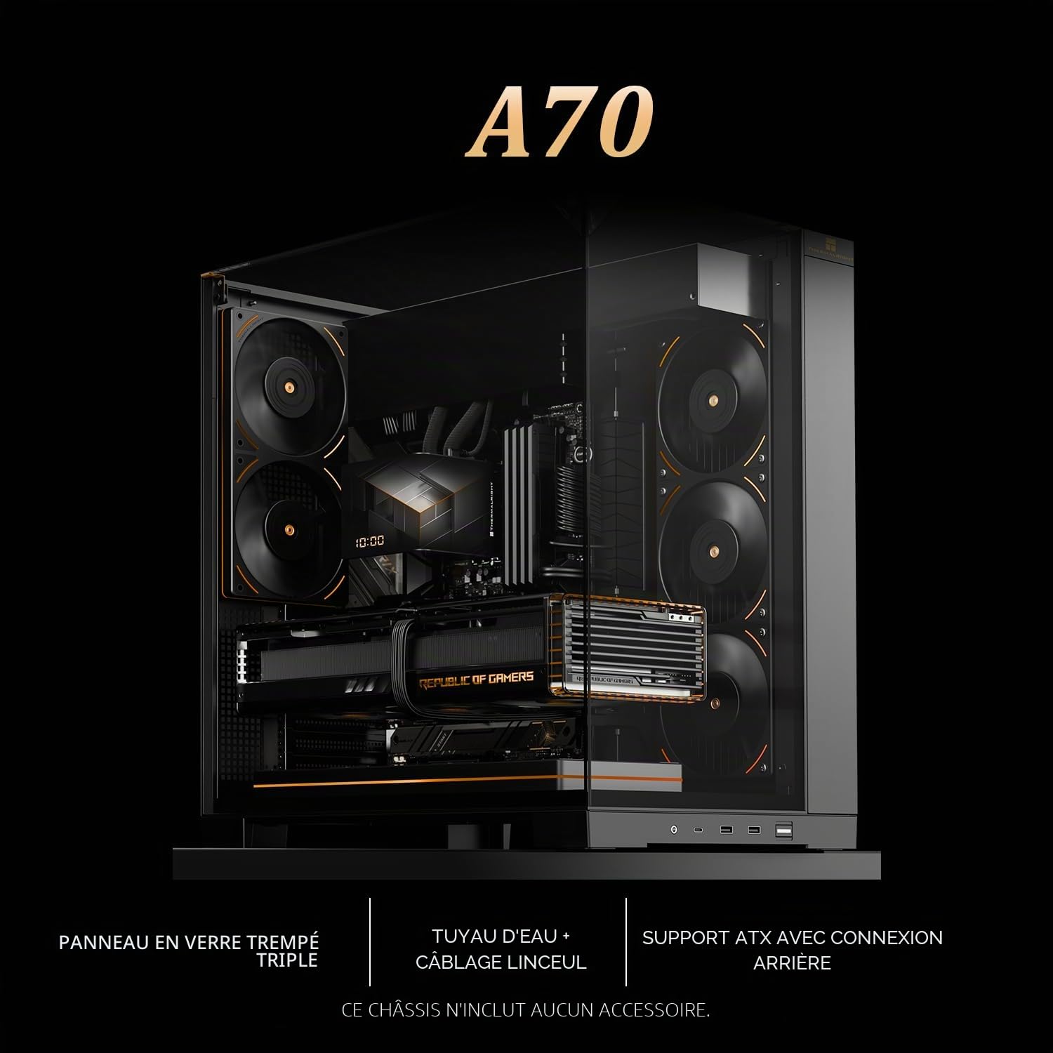 Thermalright TR A70 ATX Boîtier de Jeu en Verre sans Support sur Trois côtés, 8 emplacements de Ventilateur CPU + Flux d'air Quatre Voies, Fermeture Rapide sans Outil, Montage Vertical de Carte