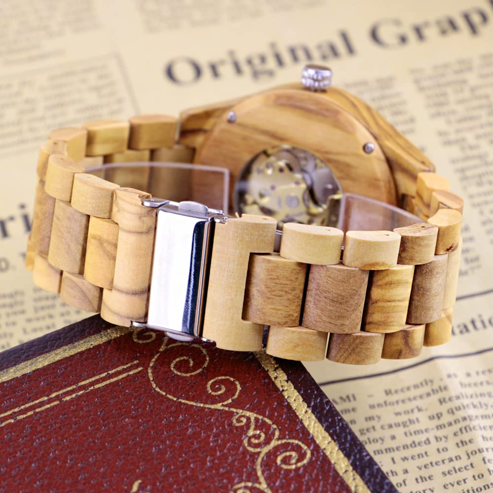 Relojes de madera para hombre, mecánico, automático, movimiento automático, reloj de pulsera para hombre