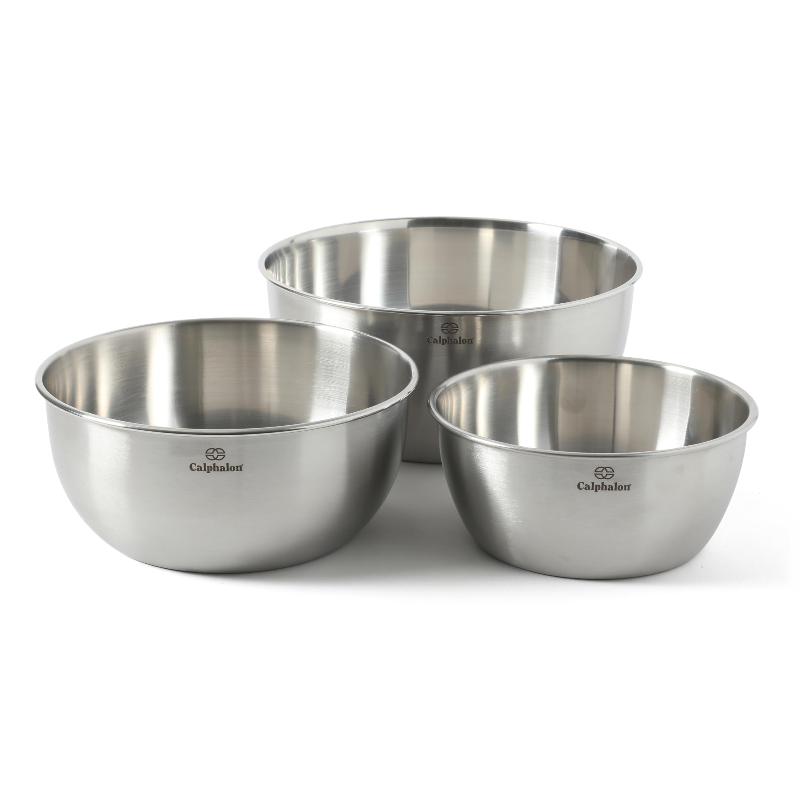 Calphalon Astro Rührschüsseln, 3-teiliges Edelstahl-Rührschüssel-Set mit mattem Finish, verschachtelte Metall-Rührschüsseln für Küche, Backen und Vorbereiten, Silber