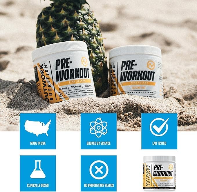 Outwork Nutrition Non-Stim Pre Workout Powder - Citrulline Malate, Beta-Alanine, Rhodiola Extract for Performance, Focus & Energy Boost - Preworkout for Men, Women (Caffeine Free, Piña Colada) Caffeine-Free Piña Colada image 4 of 5 B0CB723QLZ
