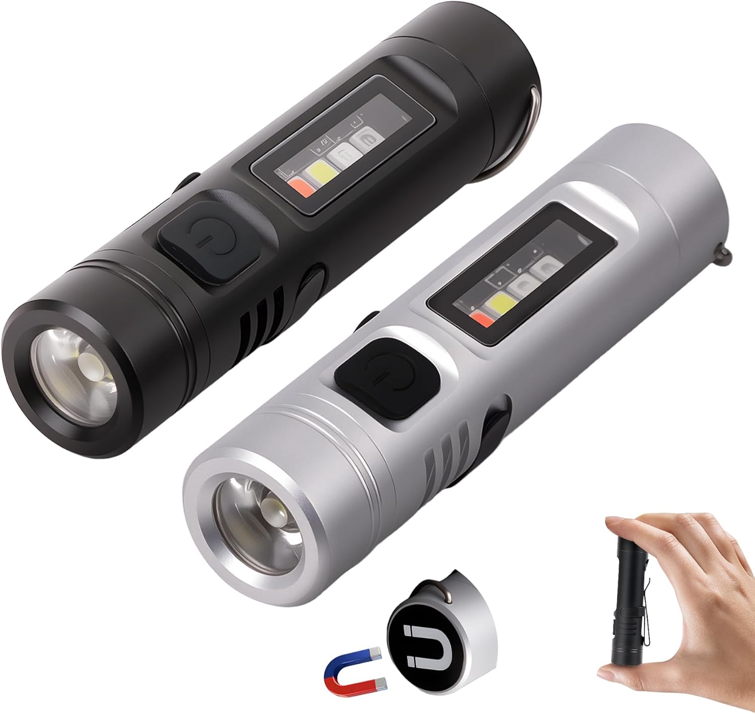 2 Packs Pocket Rechargeable EDC Flashlight, Mini Keychain Light with Magnetic Base and Side Clip, 500 Lumens Rechargeable Keychain Torch with 9 Modes for Camping, Travel (Black & Silver)