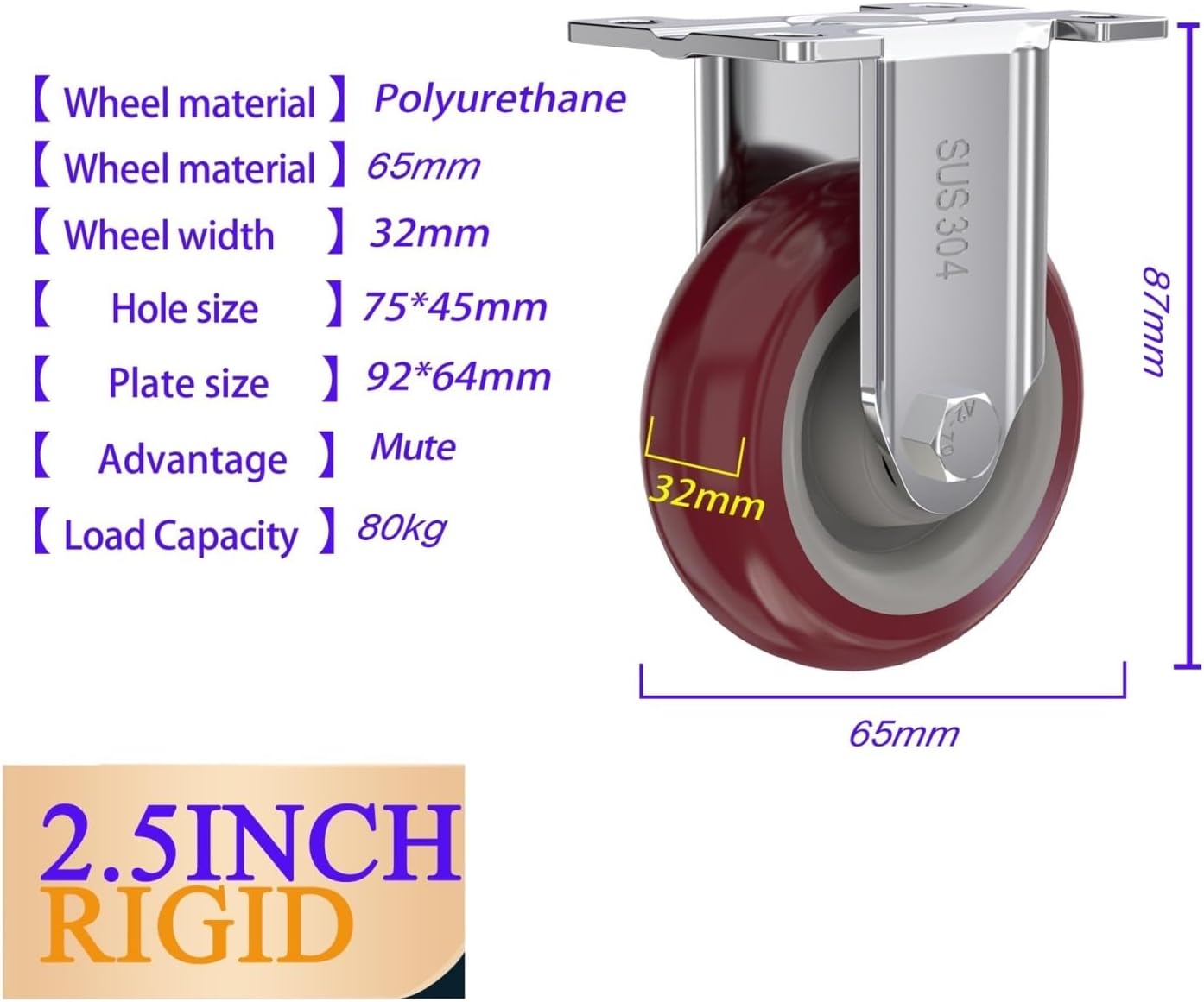 2.5インチ工業用キャスター中荷重用ステンレススチール304(2.5inch rigid)