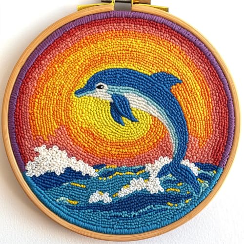 Image of DIY Punch Needle Kits Dolphin Jumping Under Sunset with Hoop 20x20cm-1 | with Pattern Stamped Easy for Beginners Embroidery Punch Needle Starter Craft Set for Adults Festival Gift and Decoration