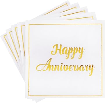 Vuzvuv 50 Pack Gold Foil Happy Anniversary Decorations Cocktail Napkins - Wedding Dating Anniversaries Party Dinner Hand Napkin for Party Supplies Decorations Table Decor 5" Folded 2 Ply