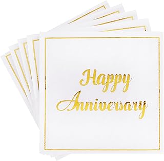 Vuzvuv 50 Pack Gold Foil Happy Anniversary Decorations Cocktail Napkins - Wedding Dating Anniversaries Party Dinner Hand Napkin for Party Supplies Decorations Table Decor (5" Folded 2 Ply)