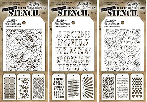 Tim Holtz - Nine Mini Layering Stencils - Latticework, Blossom, Gothic, Cargo, Bubble, Rays, Doily, Valentine and Hearts - aka sets 4, 5 & 6