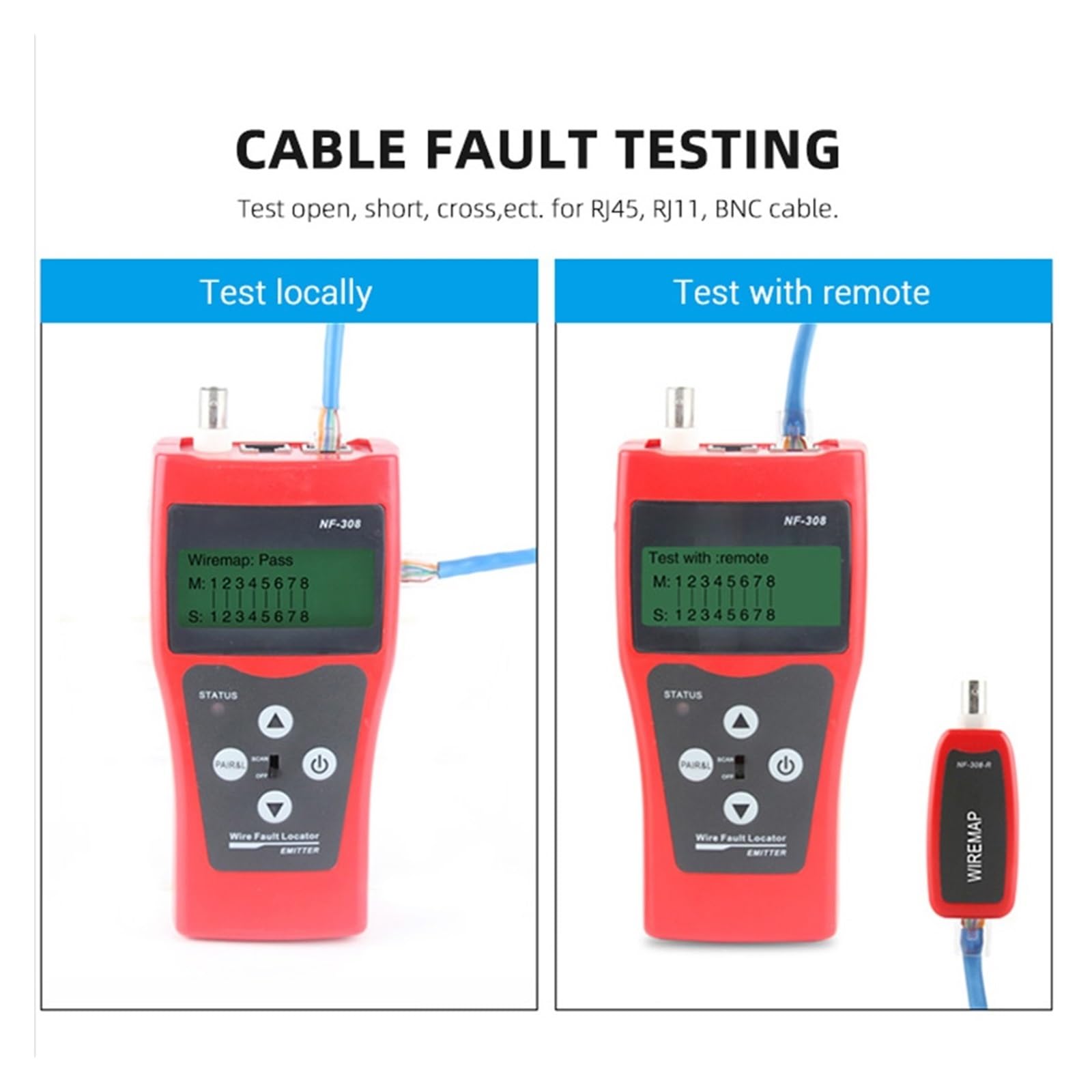 NF-308 Medir La Longitud Del Cable LAN De Red Prueba Continuidad Rastreador Cables RJ45 RJ11 Probador Ethernet Rojo Diagnósticos Rápidos Precisos(BLUE)
