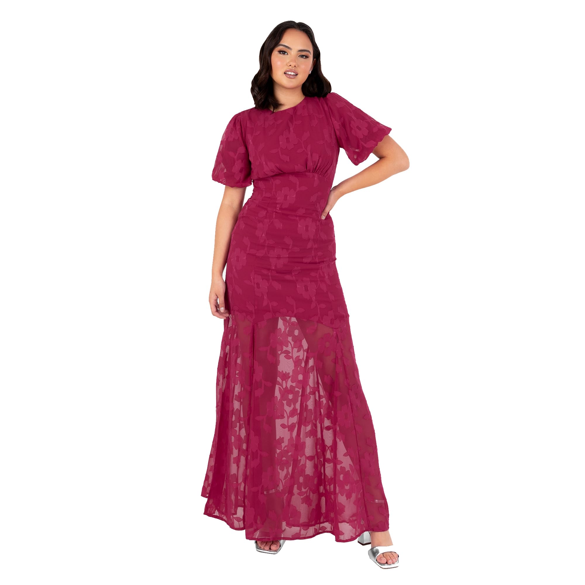 Anaya with Love Women's Maxi Dress Ladies Round Neck Puff Sleeve Chiffon Keyhole Back Empire Line Floral Jacquard Wedding Guest Evening, Cereza 44