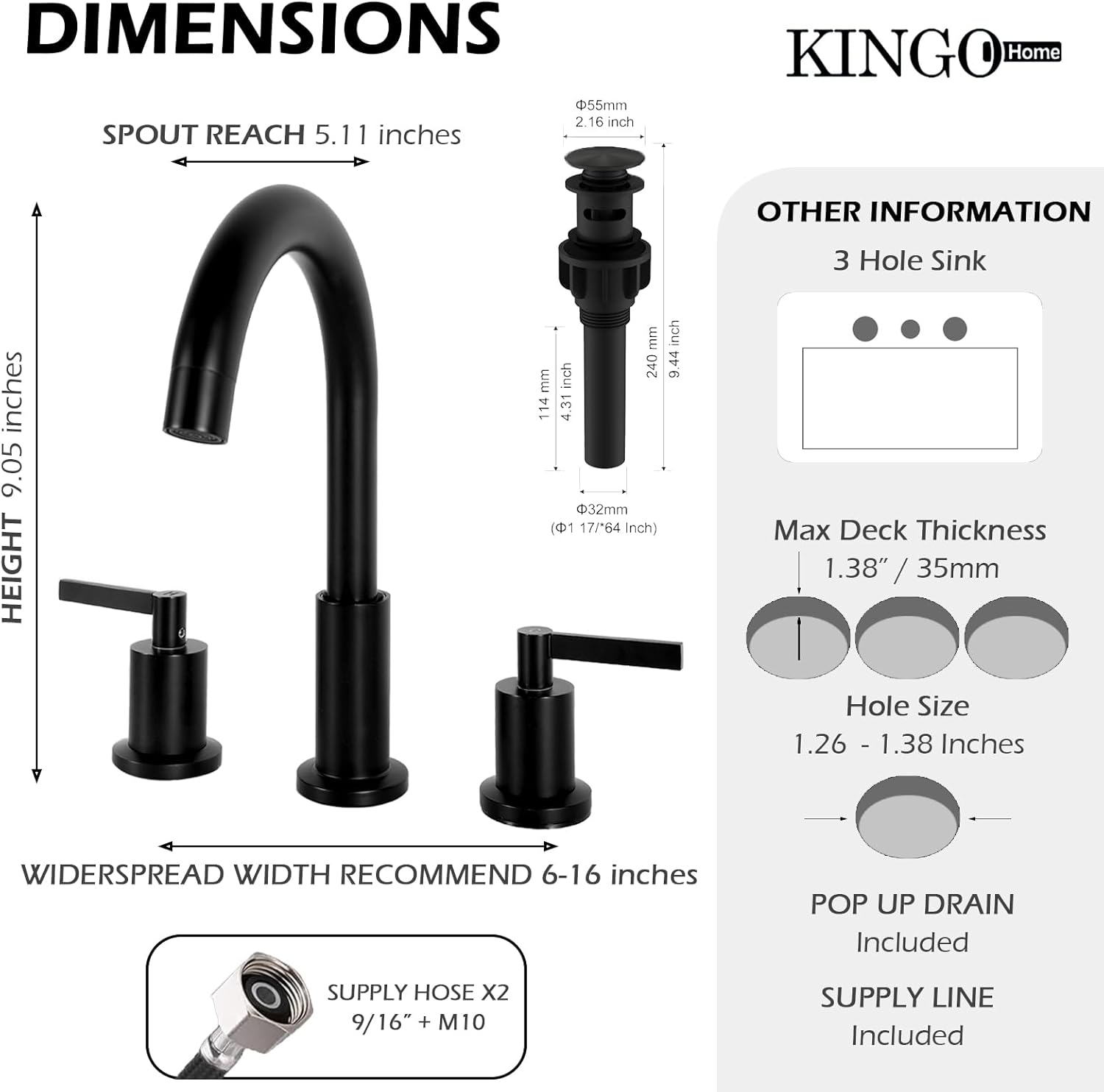 Widespread Matte Black 3 Hole Bathroom Faucet, 2 Handle Black Bathroom Sink Faucets 8 Inch Modern Vanity Faucet Bathroom Faucet Set with Supply Hoses Pop Up Drain for Bathroom Sink