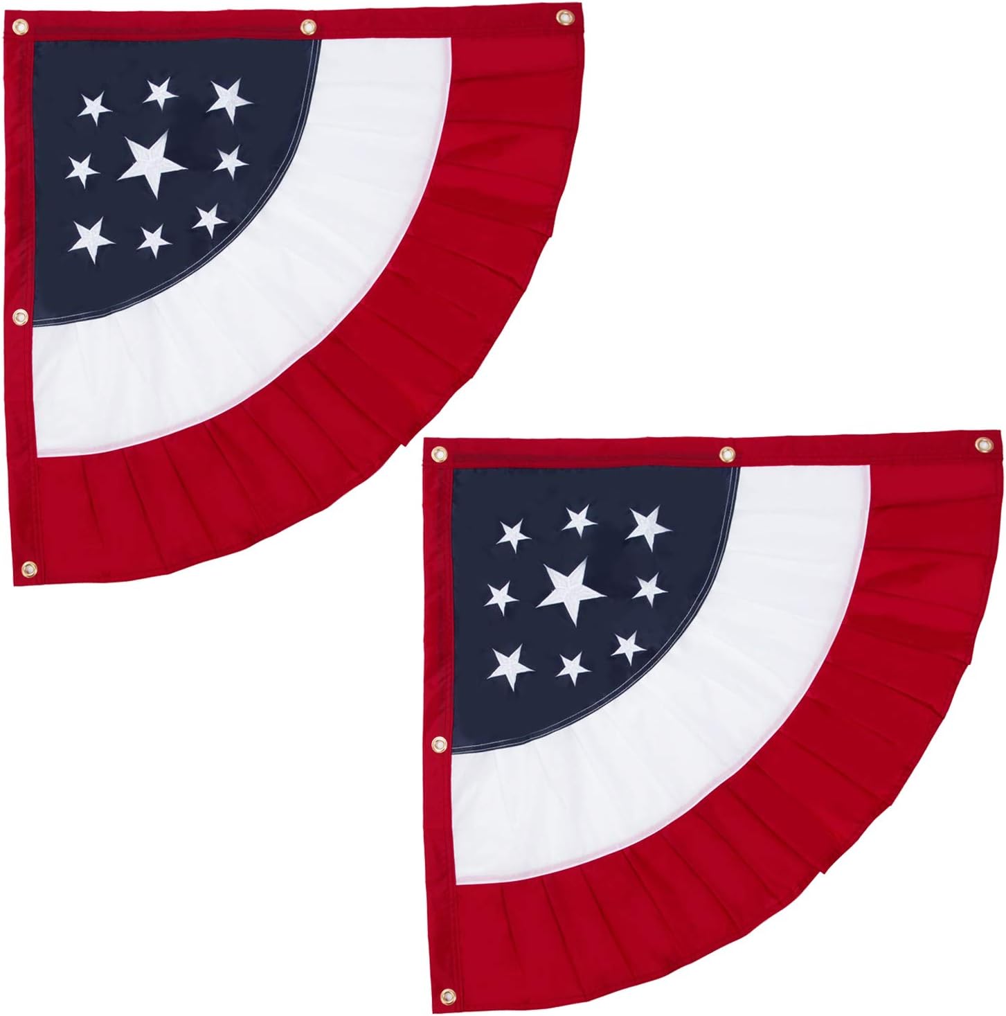 27"x27" Americana USA Patriotic Nylon Bunting Flag, 2 Sided, Embroidered Stars, Grommets- July 4th American Flag for Outdoor Use- Americana Inside Outside Porch Rail or Window Decoration (2 Pack)