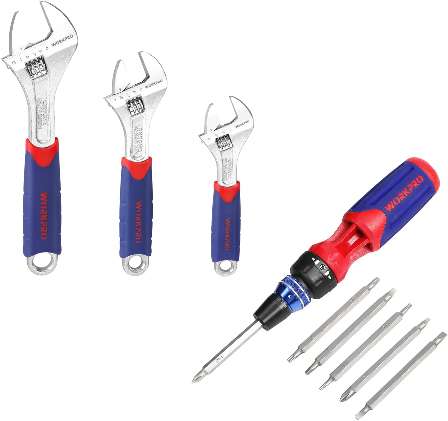 WORKPRO 12-in-1 Ratcheting Multi-Bit Screwdriver Set & WORKPRO 3-piece Adjustable Wrench Set