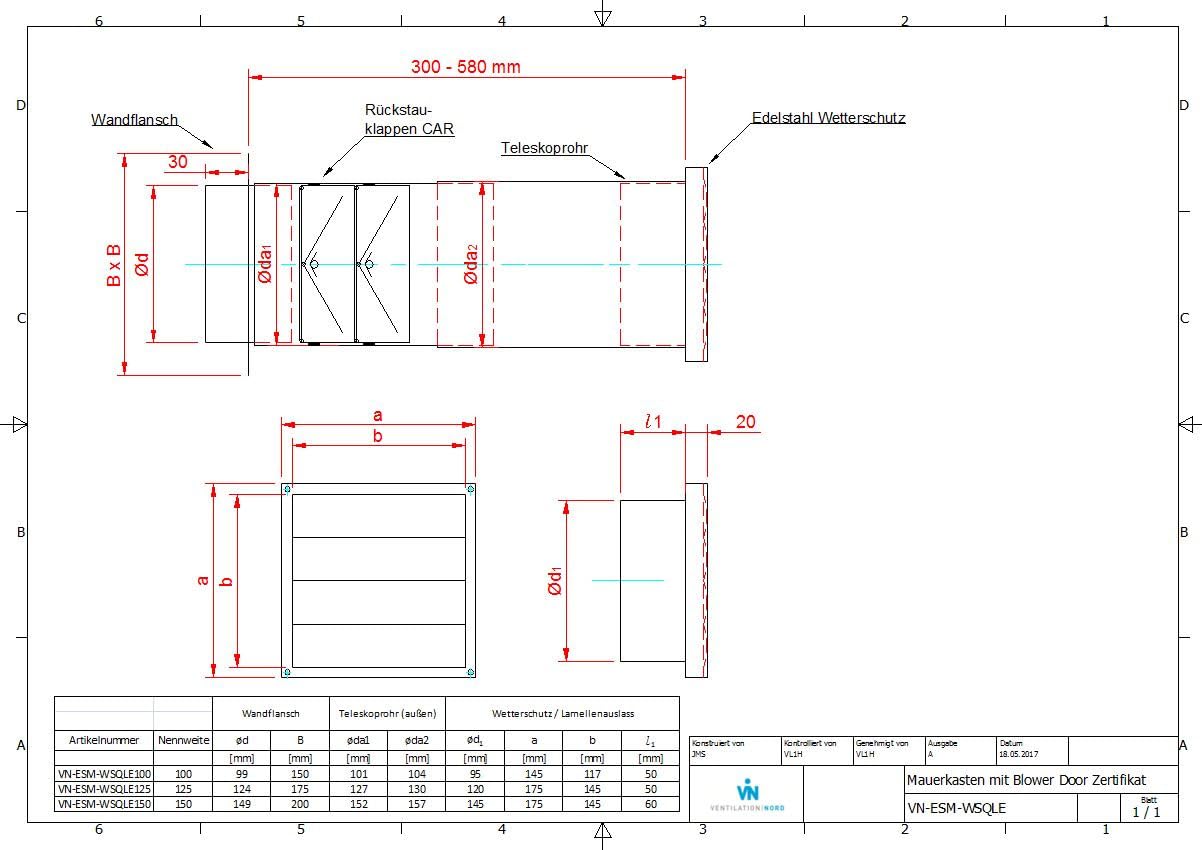 VentilationNord Edelstahl Mauerkasten mit Rückstauklappen für Dunstabzugshauben 150mm mit Blower Door Test Zertifikat Lüftungsgitter mit Lamellen Mauerdurchführung mit ausgezeichneter Wärmeeffizienz