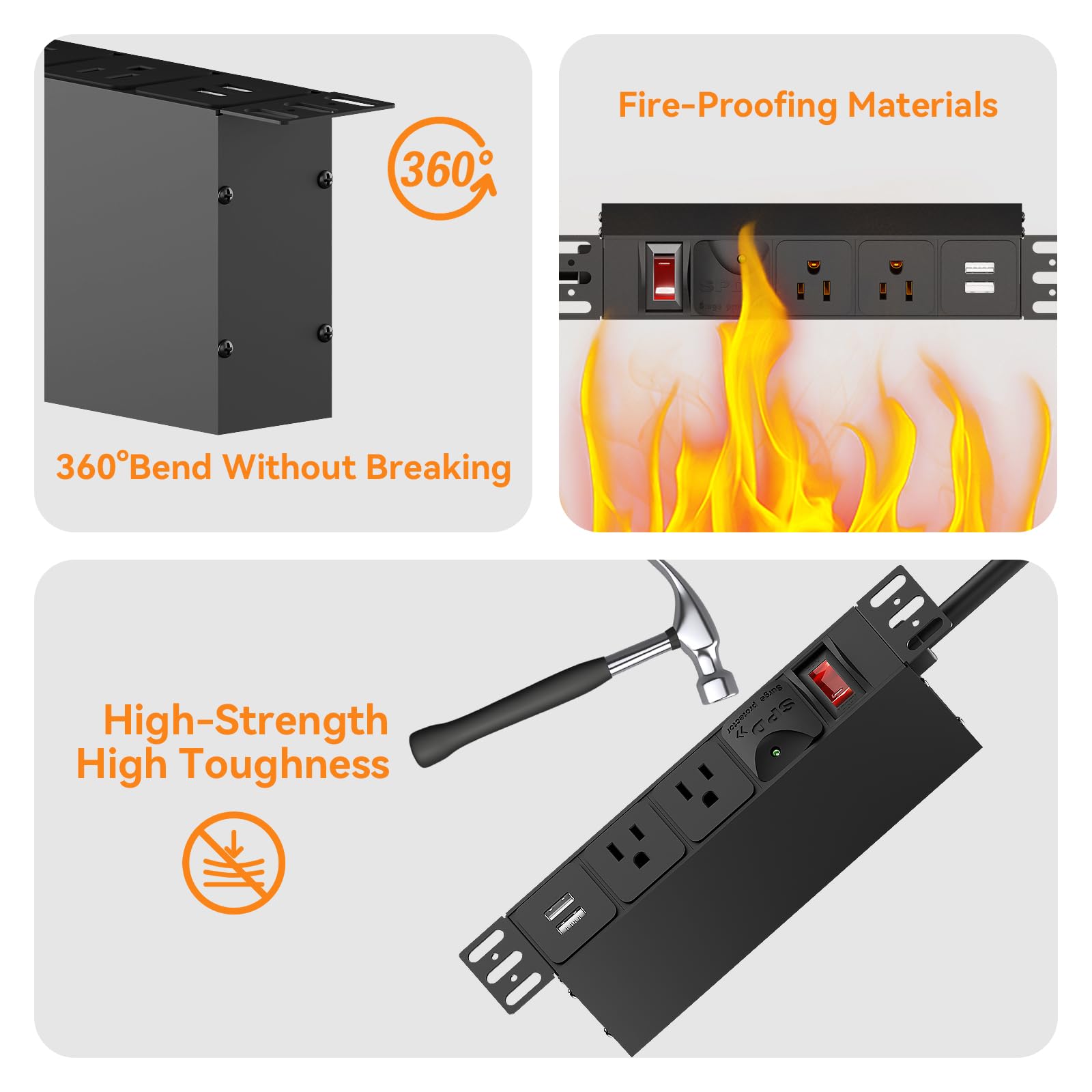 PDU rack 10 pouces, 1U 6 sorties (2 pouces avant, 4 pouces arrière), protection contre les surtensions 1020J et interrupteur de surcharge 15A et 2 USB-A, bandes d'alimentation