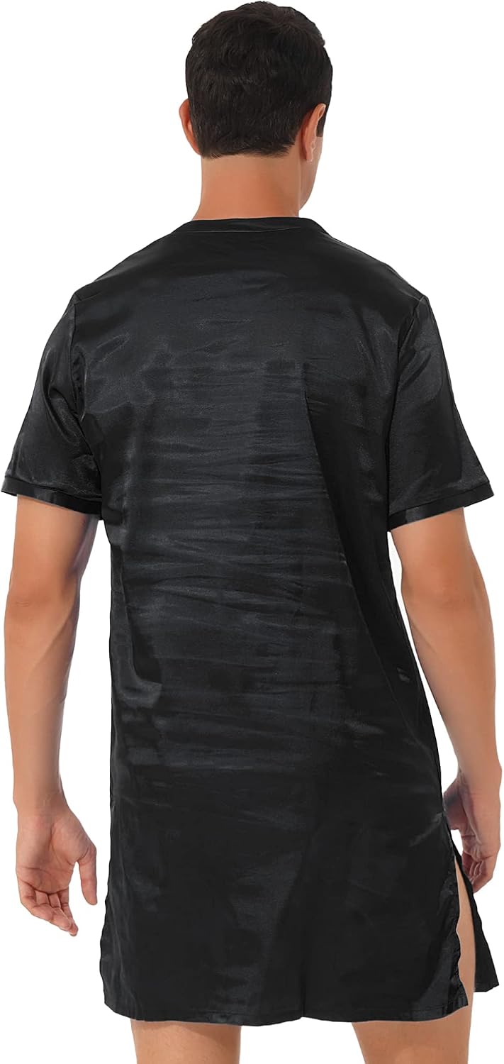 Vxuxlje Men's V Neck Silk Satin Nightshirt Short Sleeve Pajamas Nightgown Sleeping Night Shirts