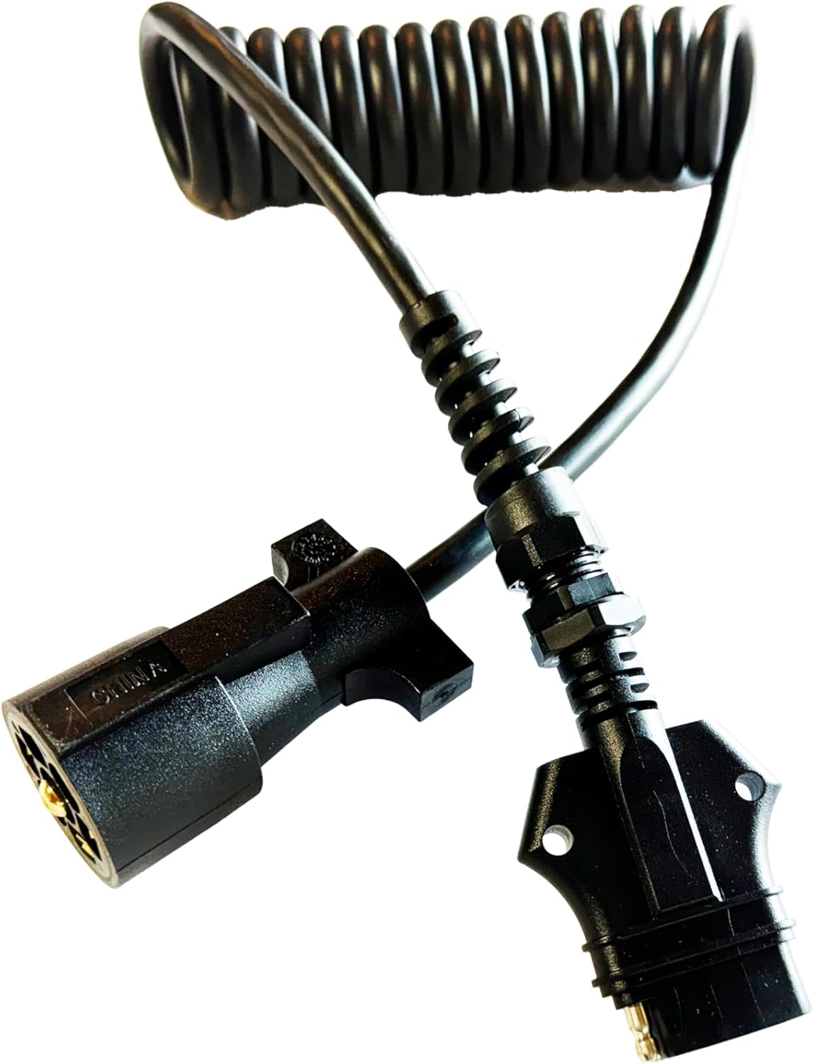 Generic 7 Way Round to 5 Way Flat Coiled Trailer Adapter/Connector with Trailer Clip and Upgraded UV Coating (7') - Coiled, Extendable, Double Prong 7 Way Adapter, and Trailer Clip, Black