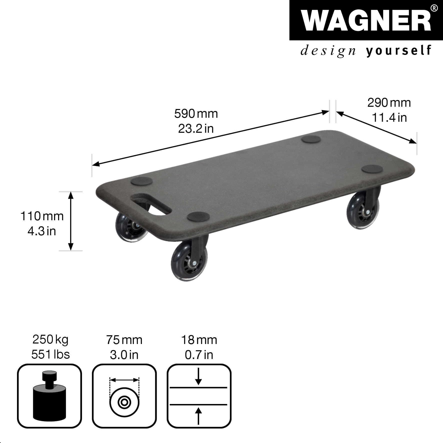 WAGNER Chariot de transport 1611 I Chariot à plateforme noir en MDF I 57,5 x 30 x 11 cm I Charge maximale 250 kg I Roulettes de meubles pour déménagement I Planche à roulettes I Roulette de charge