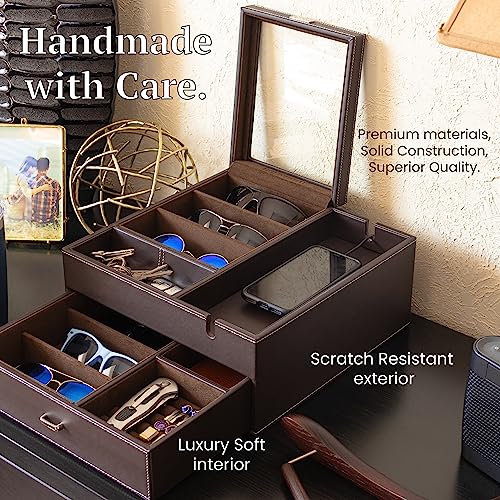Image of HOUNDSBAY Lookout Sunglasses and Eyeglasses Organizer Storage Display Case Dresser Valet Box Charging Station (Black /Ivory)