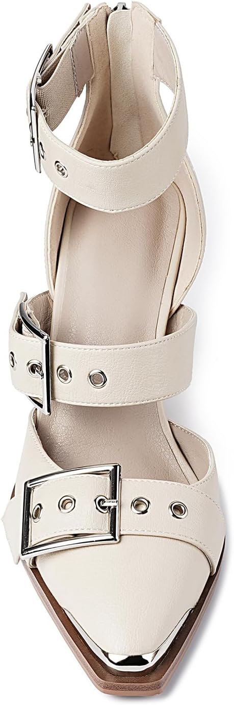 Western Sandals for Women Chunky Wedge Heels Pointed Toe Pumps Ankle Strap Metal Buckle Strappy Heels Comfortable Fashion Casual Dress Shoes 8.5 Beige image 6 of 7 B0F47XSPYV