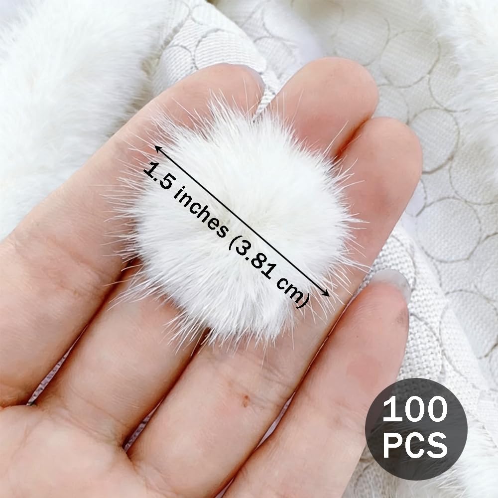 Ouliget Mini Faux Fur Pom Poms for DIY Crafts,Small Soft Fluffy Pompoms Balls with Base,Fur Ball Decorations for Hats Shoes Scarves Gloves Bags Keychains,1.5 Inches,100 Pieces