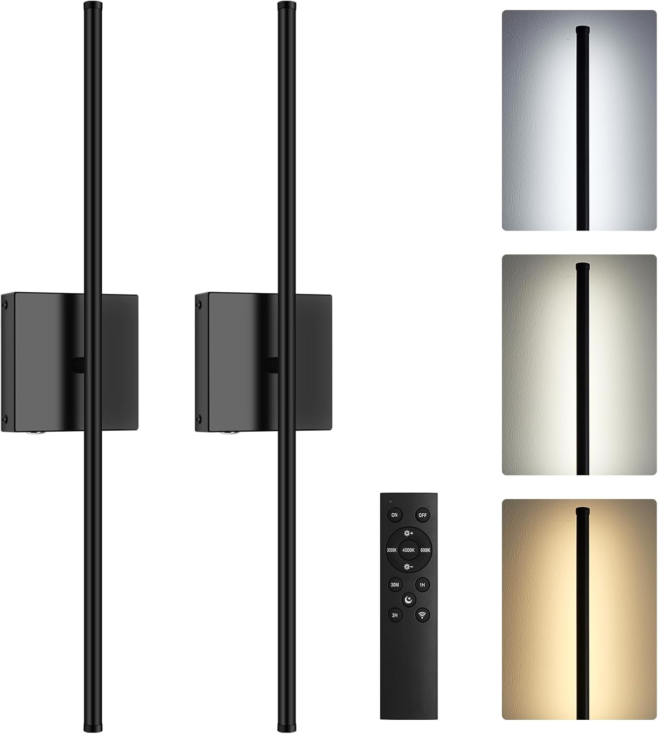 Battery Operated Wall Sconces Set of Two, Dimmable Wall Sconce with Remote Control, Rechargeable LED Wireless Wall Light for Bedroom, Living Room, Hallway, 350° Rotate, 26.7 Inch, Black(2 Pack)