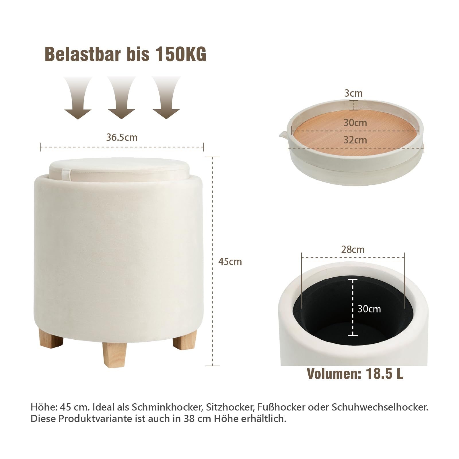 Zedelmaier Zylindrischer Samthocker Sitzhocker mit Stauraum rund, Sitzhocker mit Deckel, Schminkhocker, Fußhocker mit Aufbewahrungsbox, Polsterhocker mit Holzbeinen, Couchtisch, φ36x45cm Beige