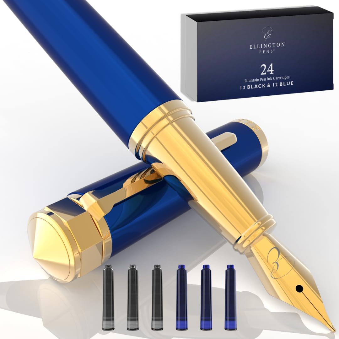 Ellington Pens Luxury Fountain Pen & 24 Pack Ink Cartridge Bundle - Fountain Pens for Writing - Smooth Medium Nib - Includes Refillable Ink Converter, Gift Box - Elegant Calligraphy