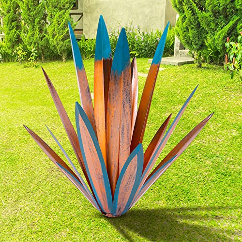 TOMBABY Large Leaf Thickened Metal Agave Plant Outdoor Decoration Desert Courtyard Art Plant Garden Decoration Outdoor Metal Art Floral Gift (2, Blue)