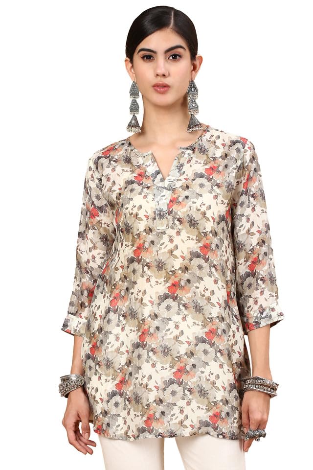 soch Womens Cream Floral Printed Notched Neck Silk Blend A-Line Tunic-picture-28