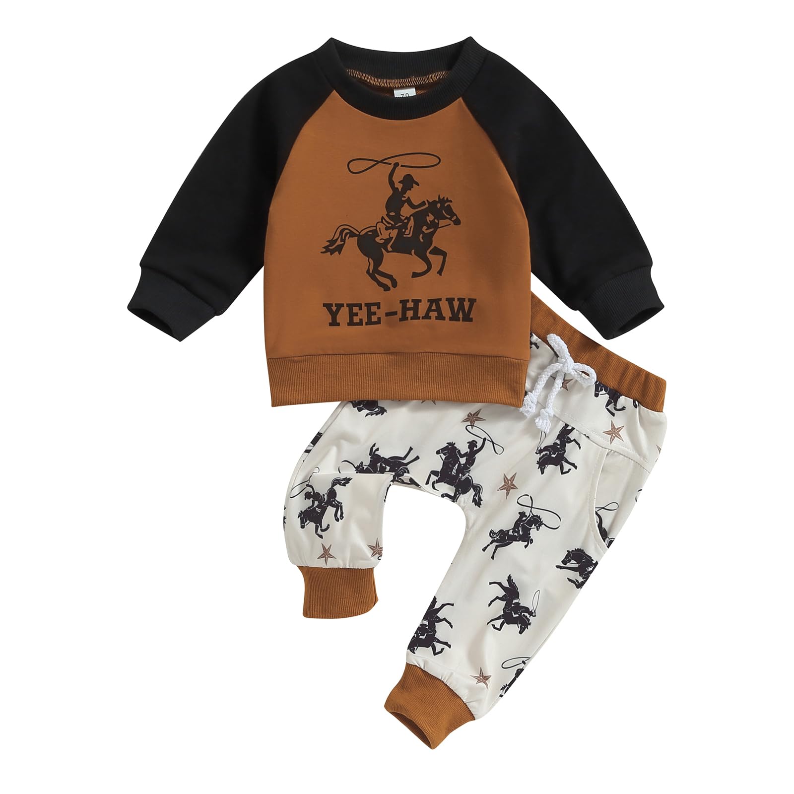 Doqcey Western Baby Boy Clothes Yee Haw Long Sleeve Sweatshirt Tops Ride Horse Pants Set Toddler Cowboy Fall Winter Outfit (brown, 6-12 Months)