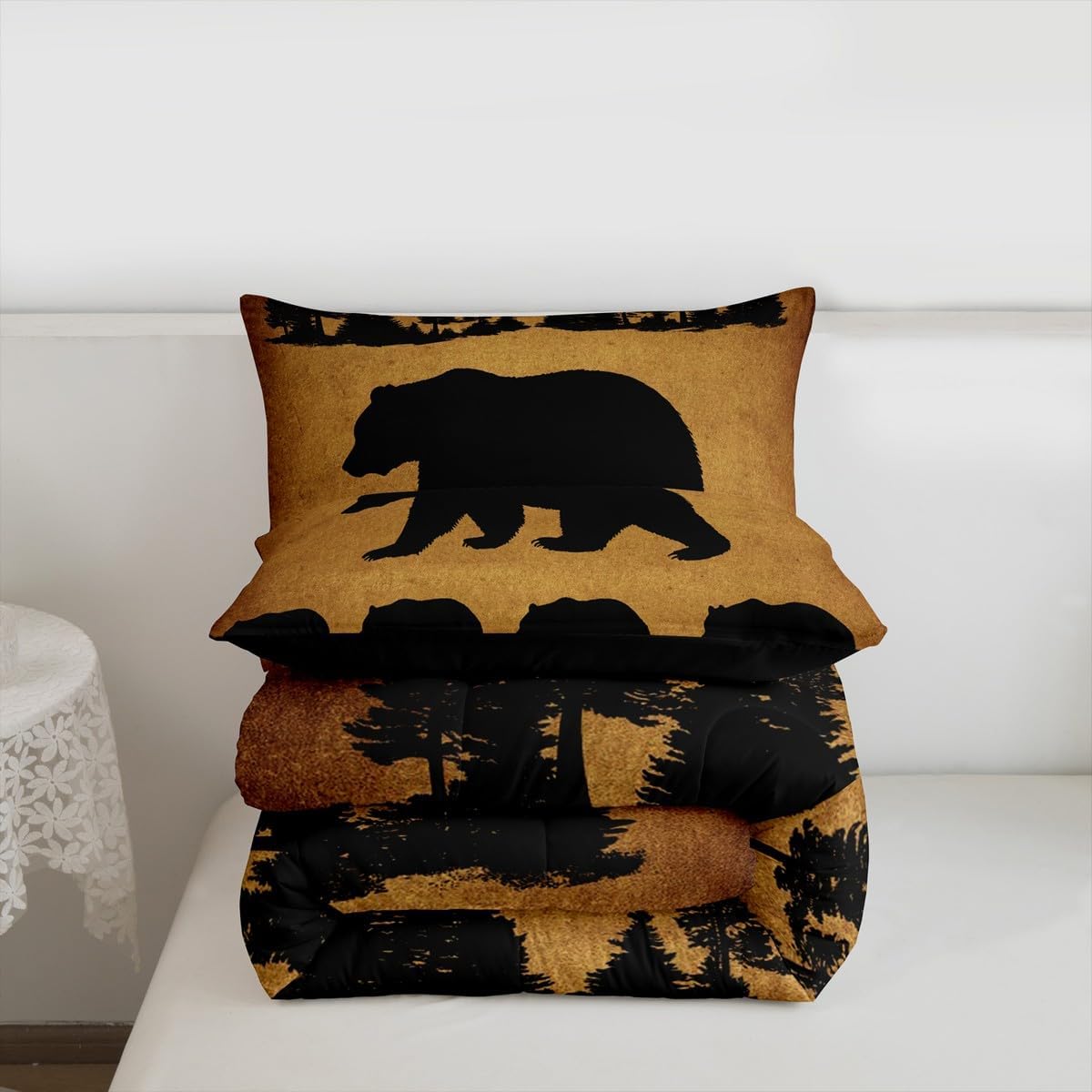 Black Bear Bedding for Boys Girls Kids, Woodland Animal Twin Comforter Set, Jungle Pine Tree Bedding Comforter Sets, Grunge Retro Vintage Quilt Wildlife Nature Safari Room Decor Messy Rust Brown