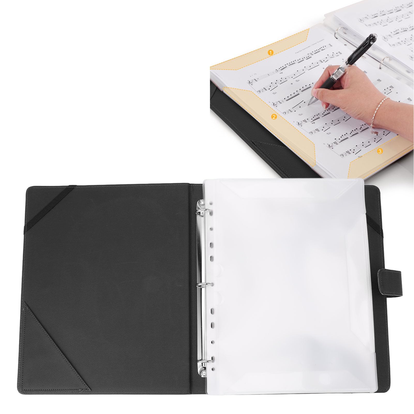 Ejoyous Carpeta de Partituras, 30 Hojas y 60 Páginas, Carpeta de Piano A4 de 3 Anillas, con Secuencia de Páginas y Papel de Catálogo, para Estudiantes de Coro de Orquesta de Banda (BLACK)