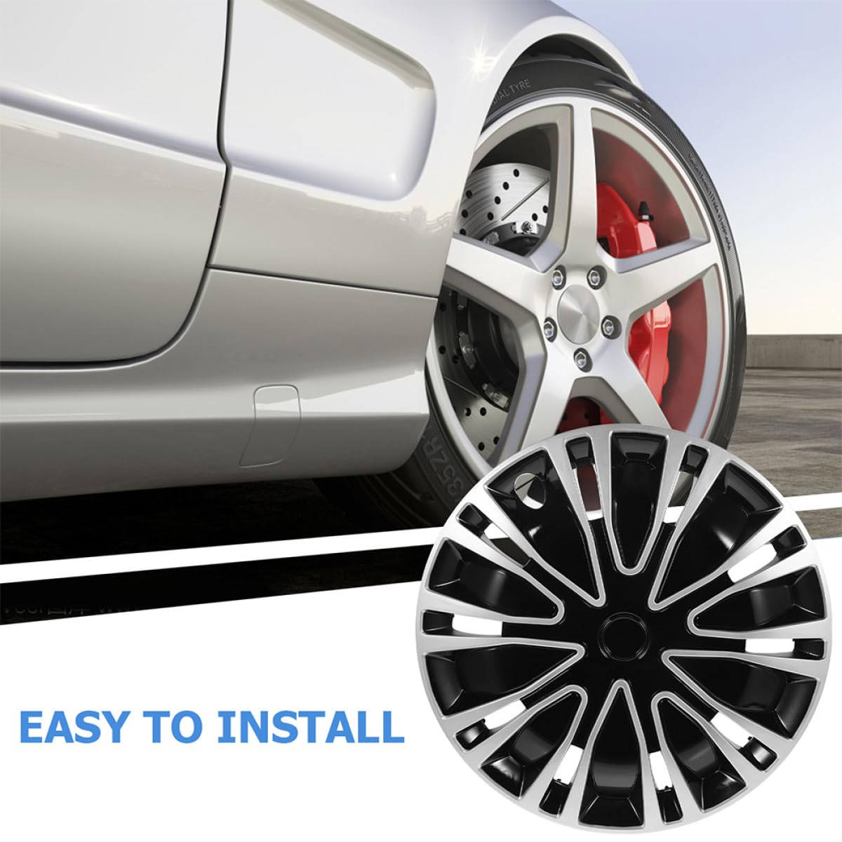 SHINEOFI Enjoliveur de roue de voiture en acier argenté noir pour roues de 14" en fer adapté aux véhicules