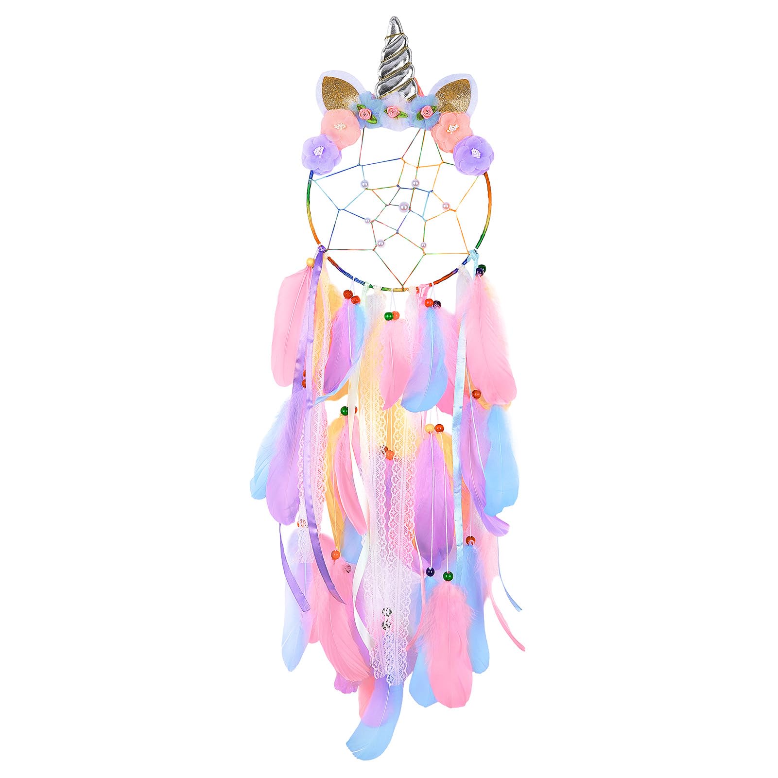 MHJY Unicorn Dream Catcher Girls Large Dreamcatcher Kids Bedroom Accessories Handmade Colorful Featrher Flowers Wall Hanging Decoration Nursery Blessing Birthday Gift