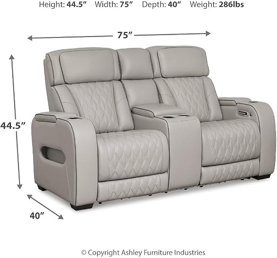 Signature Design by Ashley Boyington Contemporary Leather Match Power Reclining Loveseat with Console and USB Charging Ports, LED Lights and Adjustable Headrest, Light Gray
