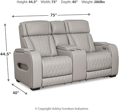 Signature Design by Ashley Boyington Contemporary Leather Match Power Reclining Loveseat with Console and USB Charging Ports, LED Lights and Adjustable Headrest, Light Gray