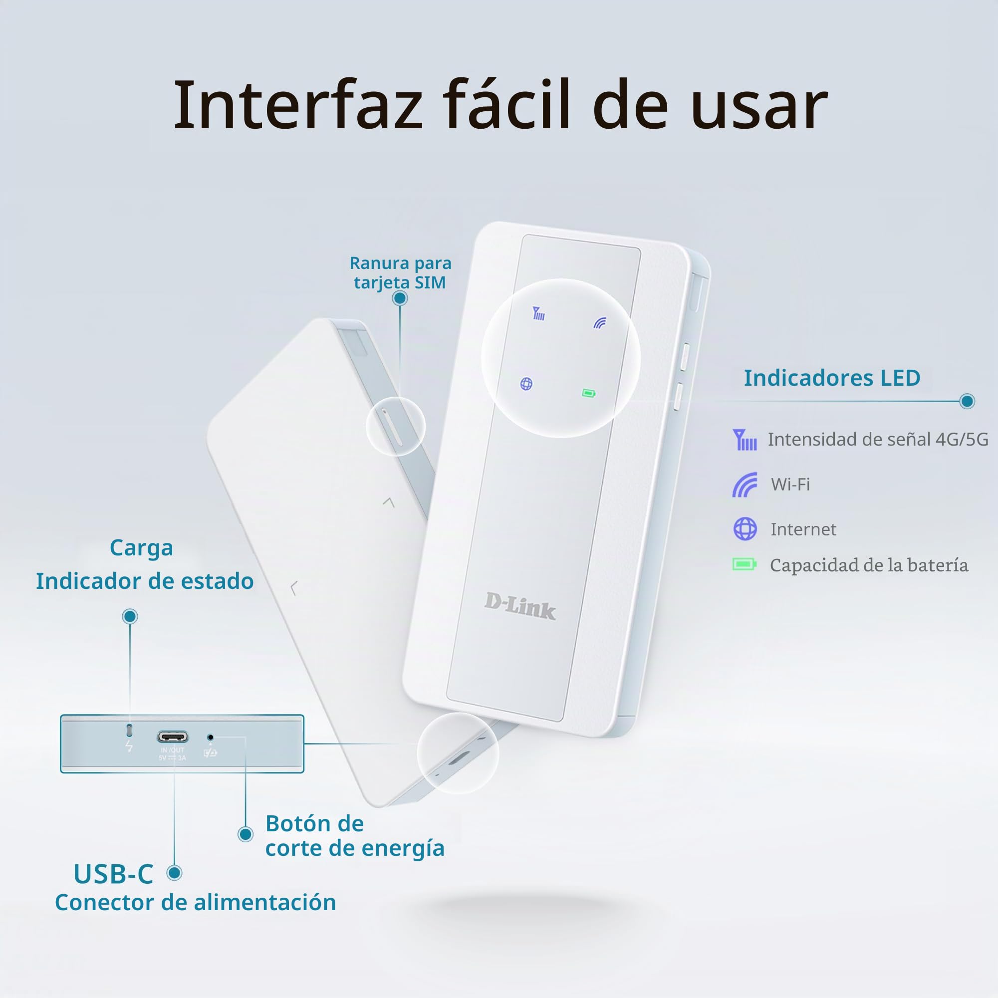 D-Link F518 5G NR AX1800 Wi-Fi 6 Hotspot Móvil – Router 5G Portátil con Función Power Bank, Batería de Larga Duración, Wi-Fi de Doble Banda, Seguridad WPA3