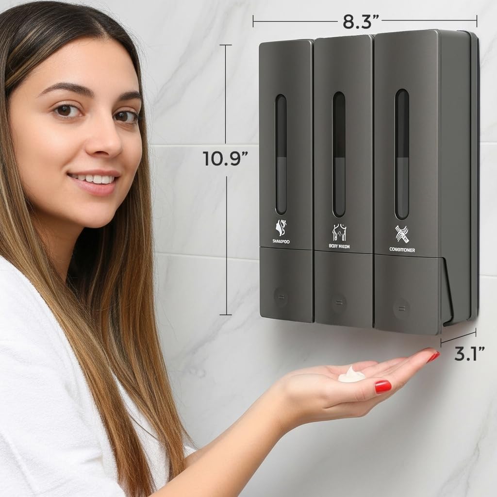 Soap Dispenser - 3 Chamber - 3x400ml - No Drill Wall Mount Bottles Organizer Toiletries for Cream Lotion Liquid Soaps Shampoo Conditioner Storage - Modern Essentials Bathroom Set - Gunmetal 2