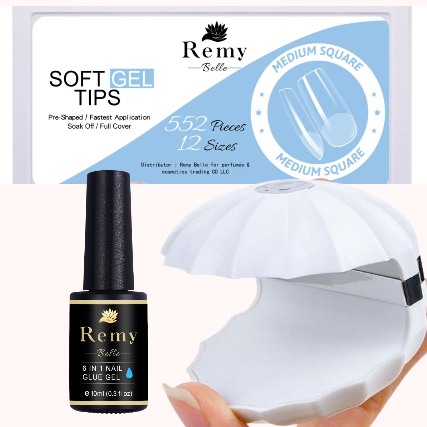 Soft Gel Nail Tip and Glue Gel Kit with Portable UV Light 552PCS 12 Sizes Medium Square (Set 2)