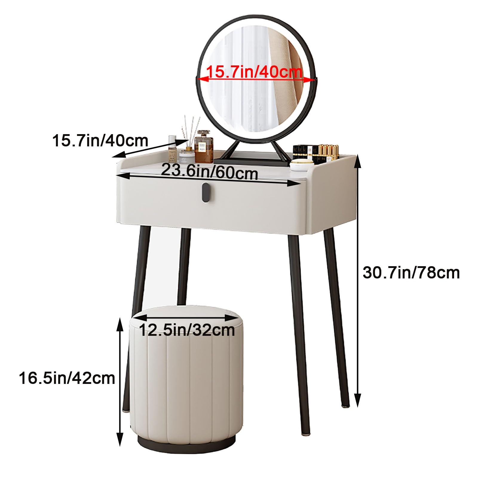 Set da toeletta con illuminazione a LED, bianco, con sgabello imbottito, 60 cm, perfetto per camera da letto o studio, design elegante per gli amanti della bellezza