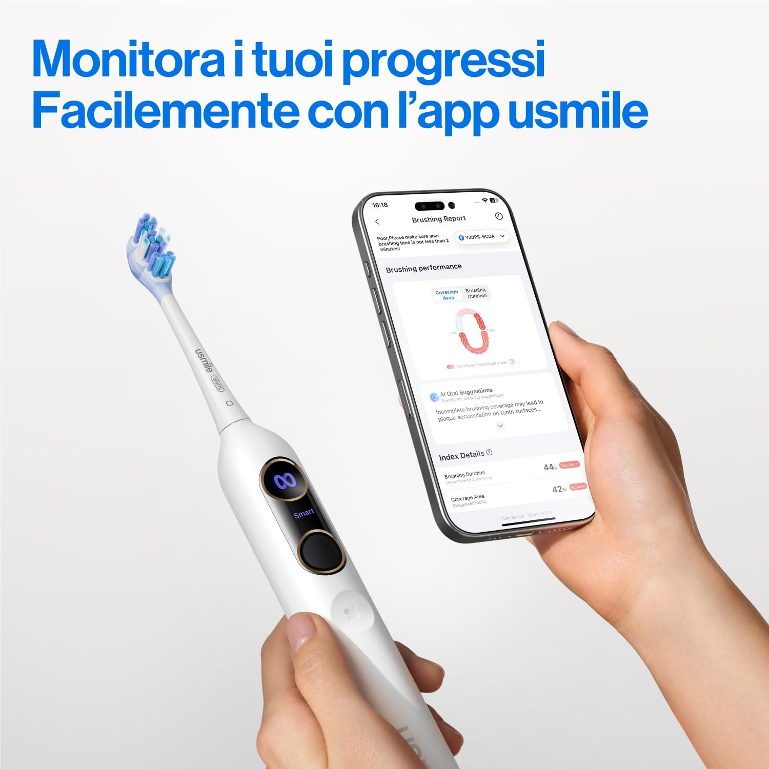 usmile Y20PRO Spazzolino Elettrico, Spazzolino Intelligente Alimentato da IA con Modalità Automatica AM/PM, 4 Modalità di Spazzolatura, Batteria da 90 Giorni, Controllo App, Mappa 3D in Tempo Reale, 2