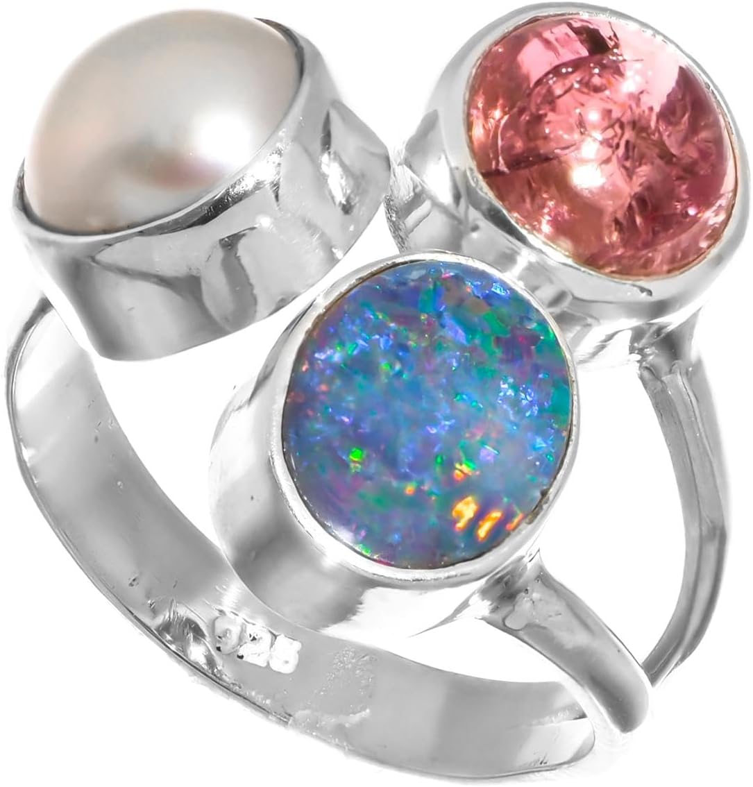 925 Silver Pink Tourmaline Australian Blue Opal Freshwater Cultured Pearl US 6 Ring