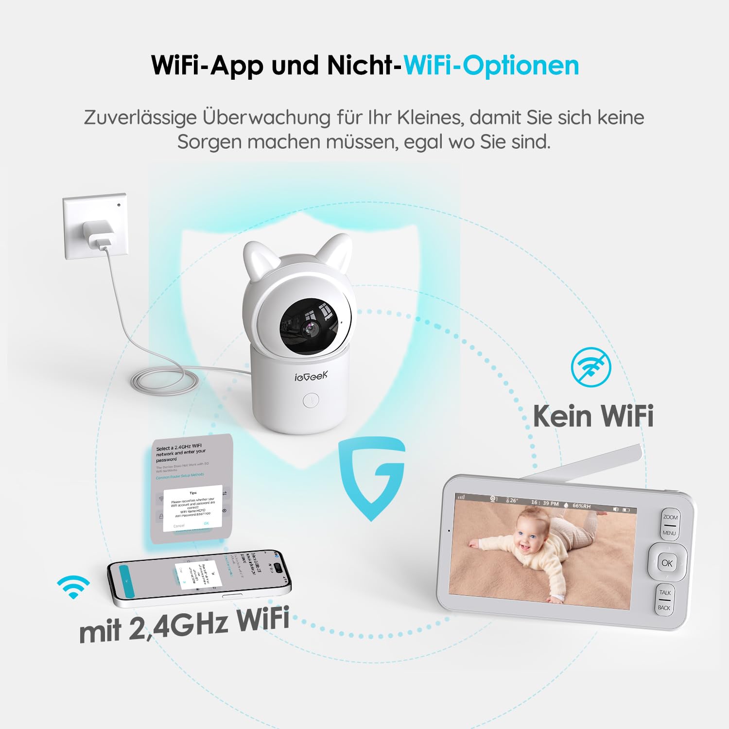 ieGeek Babyphone mit Kamera 1080P, App und 5 Zoll WLAN Video-Babyfon mit PTZ 355°, 4-Fach Zoom, Zonenalarm, Bewegungs-/Geräuscherkennung, Temperatur- und Feuchtigkeitssensor, Nachtsicht